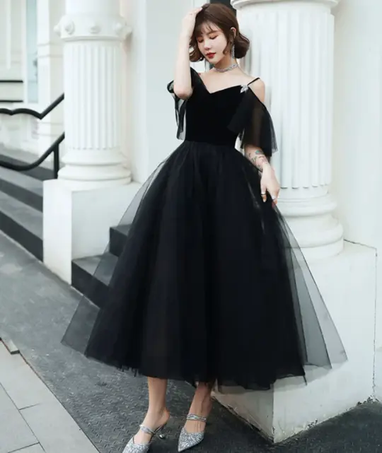 Stunning Black Prom Gown , Tulle Hazy Corset Maxi Evening Dress Cami Dress RS1736