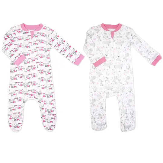 Baby Mode Baby Girls 2 Pack Zippered Footies, Pink Bunnies and Loved 0-3M