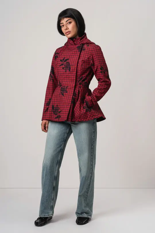 Double Breasted Jacket with Detachable Hood in Red | Crimson Heart