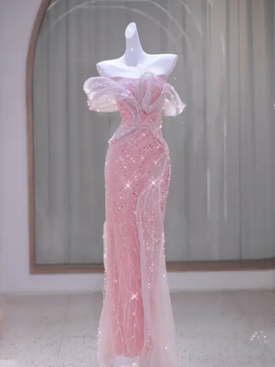 Pink tube top sequined waist slim hip design ball gown bridal gown R5865