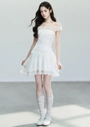 White Off The Shoulder Mini Dress Women With Lace Trim And Ruched Waist R9429