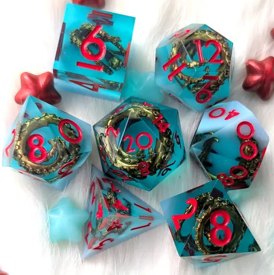 Tentacle Sharp Edge DnD Dice Set - Teal Resin - Sunken Grasp