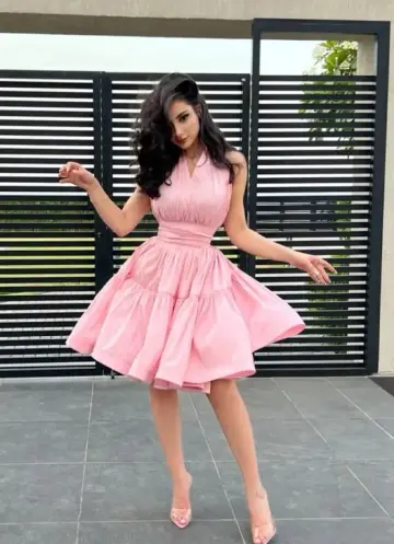Minimalist Halter Puffy Women's Homecoming Dress Pink Corset Short Prom Dress Birthday Dress RS2741