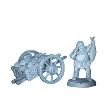 An unpainted, grey 3D-printed tabletop miniature set featuring a medieval fantasy fishmonger. On the left, a wooden two-wheeled handcart rests tipped forward, overflowing with a large catch of fish. On the right, a portly fishmonger wearing a tunic, apron, and cap stands on a circular cobblestone base. He is calling out with one hand near his mouth while holding a massive fish high in the air with his other hand. Isolated on a white background.