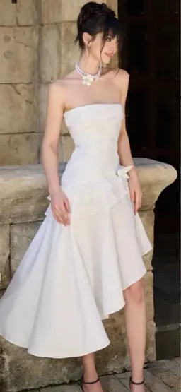 White tube top slim waist slimming asymmetrical flowing skirt short skirt homecoming dress R4477