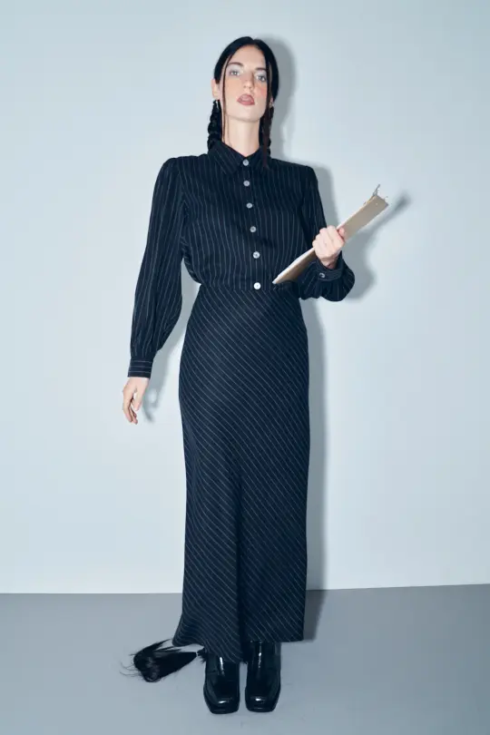 Office Bias Cut Skirt Tencel Stripe Black