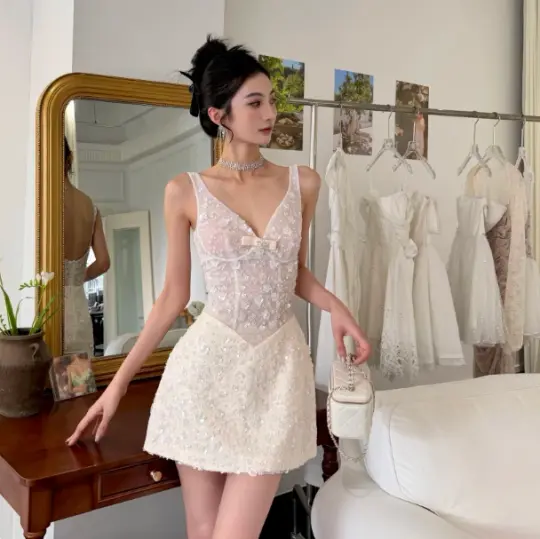 Elegant Light Ivory Sheath V-neck Embroidery Mini Birthday Dress Homecoming Dress RS319