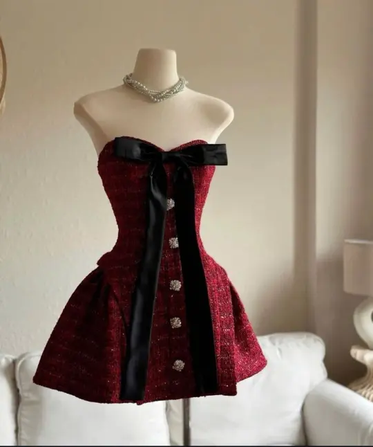 Red plaid tube top with waist and A-line skirt for homecoming dress R2896