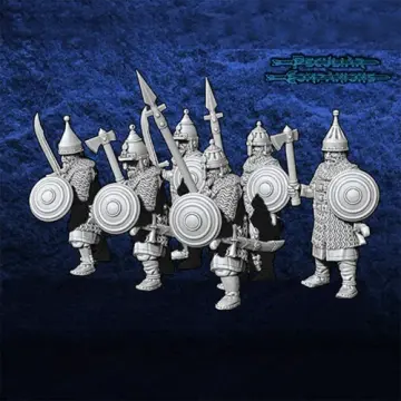 Unpainted 28mm 3D-printed dismounted boyar nobles with swords and shields, 6 miniatures — tabletop miniatures for historical wargaming, D&D & Pathfinder