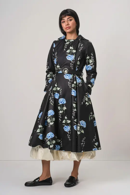 Double Breasted Trench Coat in Black with Floral Print | Flower Moon