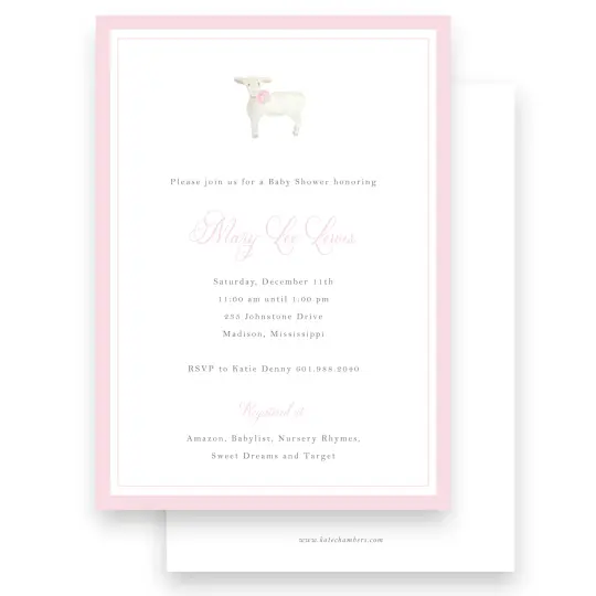 Watercolor Lamb with Pink Bow Baby Shower Invitation