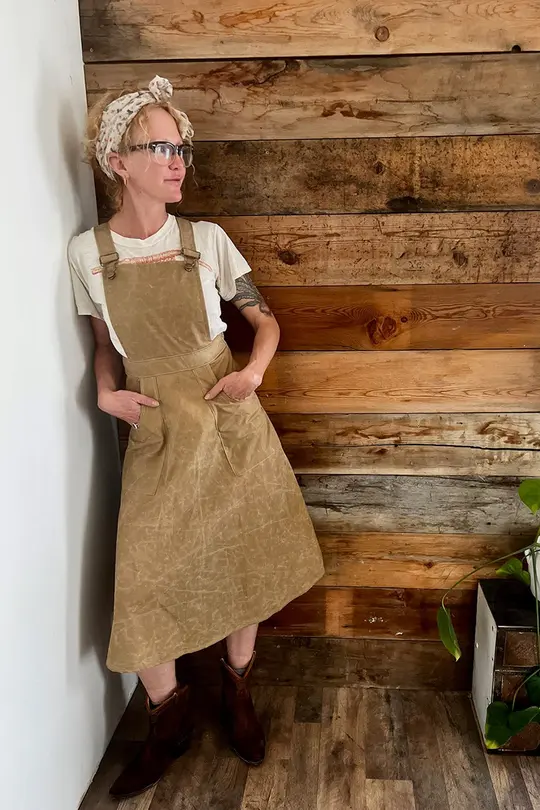 Midi Waxed Cotton Work Pinafore in Sand-Small