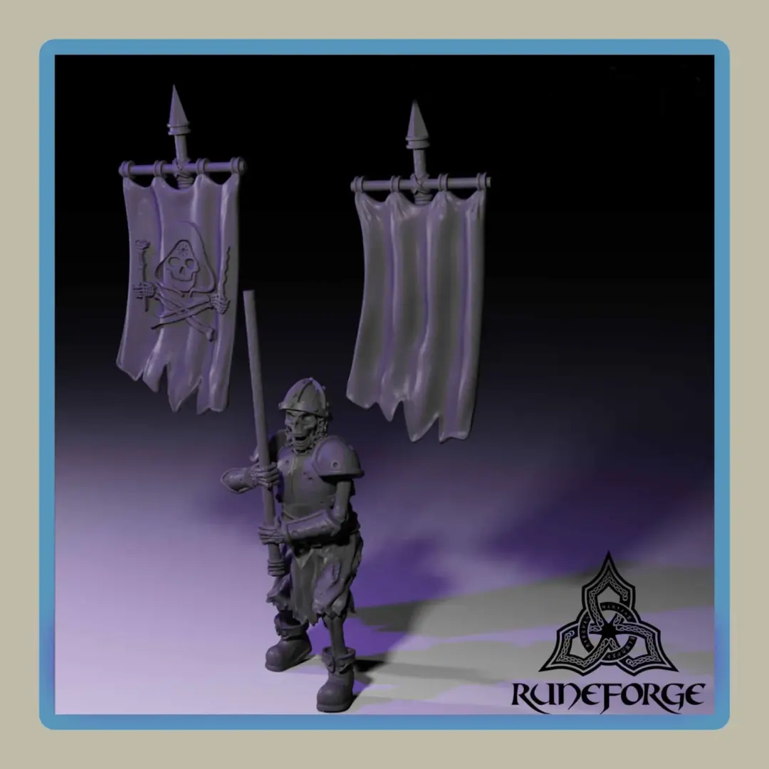 render of 28mm miniature undead armored skeleton banner carrier