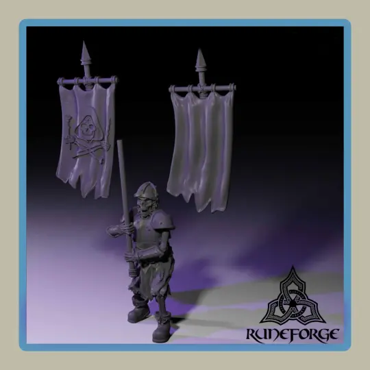 render of 28mm miniature undead armored skeleton banner carrier