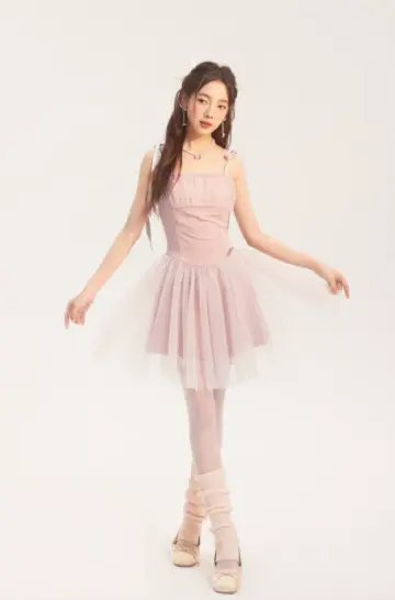 Ethereal Pink Corset Cami Dress With Layered Tulle Skirt, Bow Ties And Ruched Bust R9300