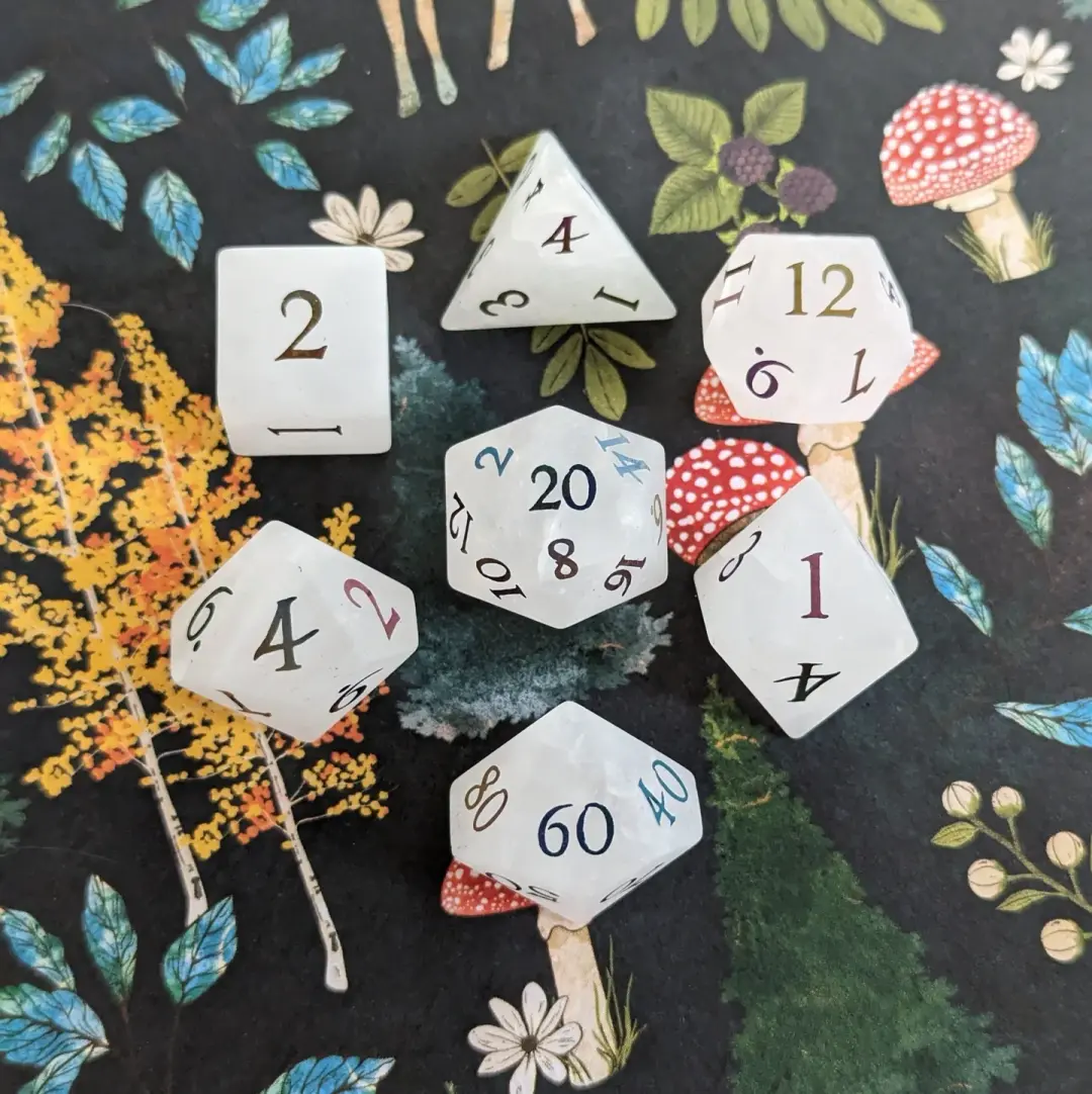 Quartz Crystal Gemstone Dice Set | Frosted Real Stone DnD Dice with Rainbow Numbers