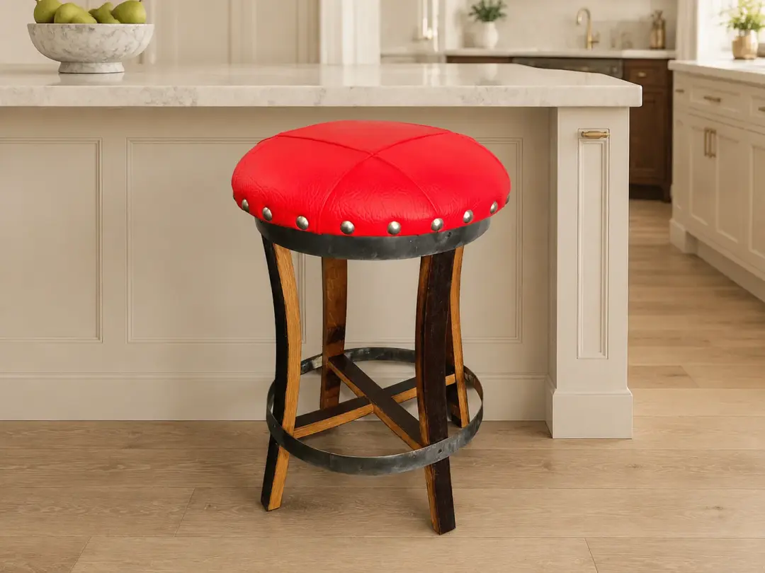 Whiskey & Wine Barrel Stool — Memory Foam, Red Upholstery