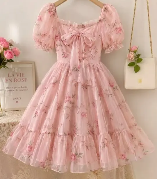 Sweet Pink Floral Homecoming Dress A-Line Square Bow-knot Mini Birthday Dress RS690