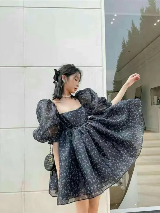 Elegant Floral Puff Sleeves Pleated Women's Homecoming Dress Black Waist Fitted Short Prom Gown Party Dress RS3412