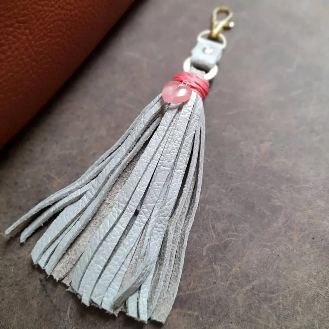 Rose Quartz Heart Charm | Gray Leather Tassel (OOAK)