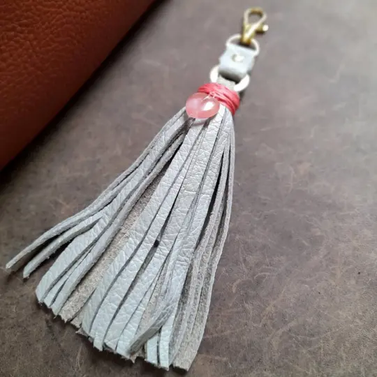 Rose Quartz Heart Charm | Gray Leather Tassel (OOAK)