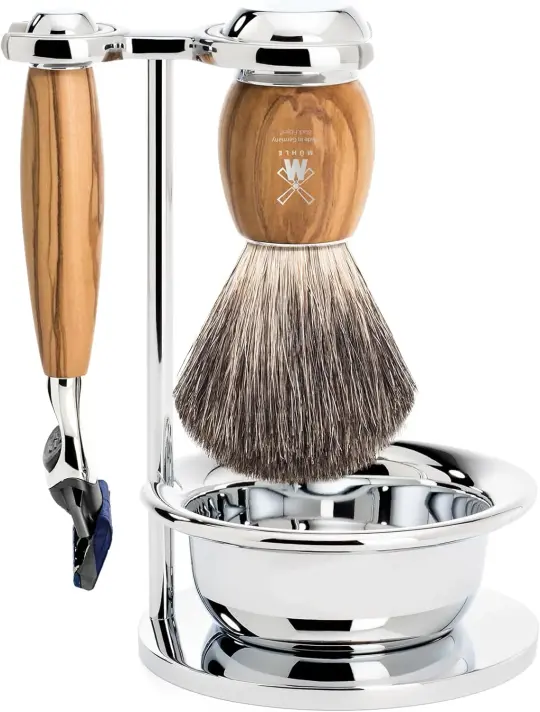 MÜHLE VIVO 4 Pc. Shaving Set, Pure Badger Brush & Gillette® Fusion™ Razor, Olive Wood