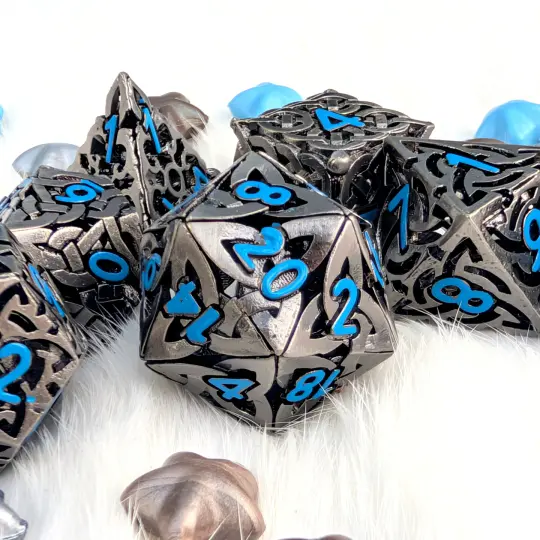 Celtic Knot Hollow Metal Dice Set, Dark Nickel with Blue Numbers