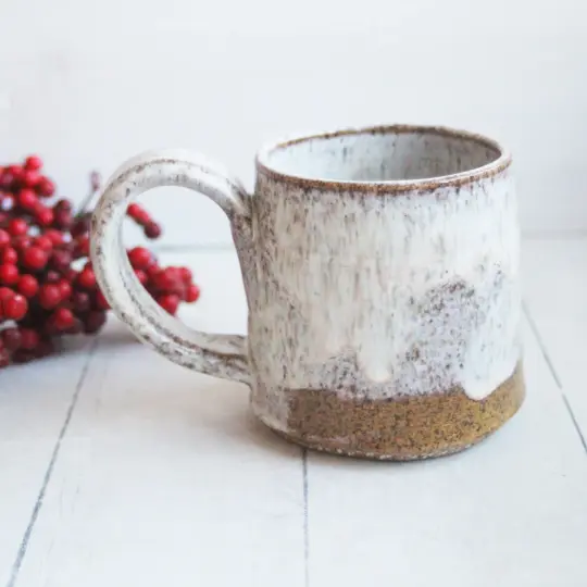 Rustic Pottery Mug in Milky White Glaze, 11 oz. Handcrafted Coffee Cup, Made in USA