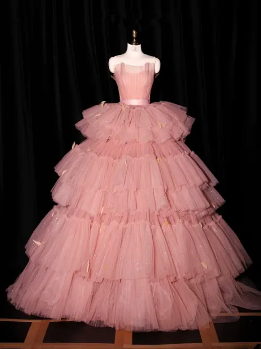 Pink strapless fitted waist puffy cake skirt long ball gown/bridal dress R8933