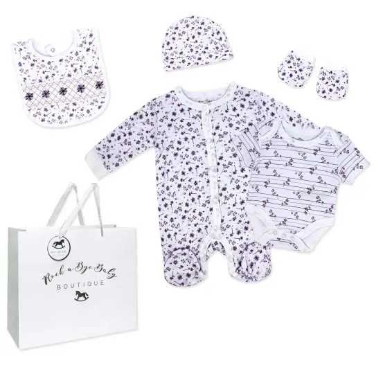Rock A Bye Baby Boutique Girls Purple Flower 5 Pc Layette Gift Set 3-6M