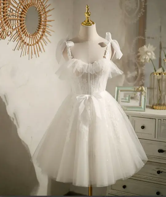 Gentle White Homecoming Dress , Tulle Hazy Corset Short Prom Dress RS1697