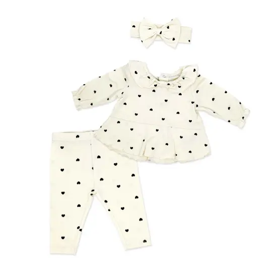 Baby Mode Baby Girls Tiny Hearts 3 Piece Top, Leggings, and Headband Set, 12M