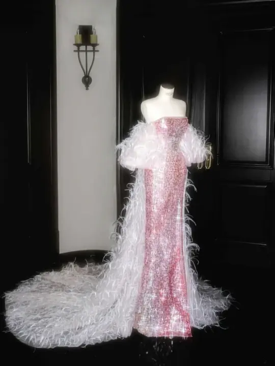 Pink sequined tube top slim waist hip long skirt, prom dress R5683