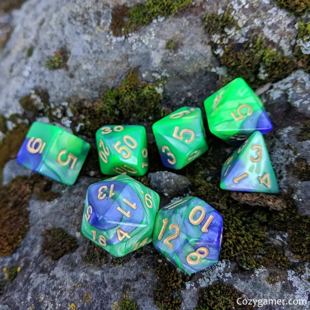 Dragon Dice Set – 7-Piece Marbled Pearly Green Purple Acrylic DnD Dice
