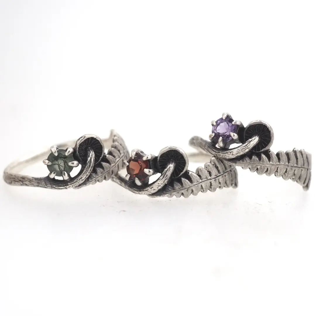 mushroom fern and gemstone ring