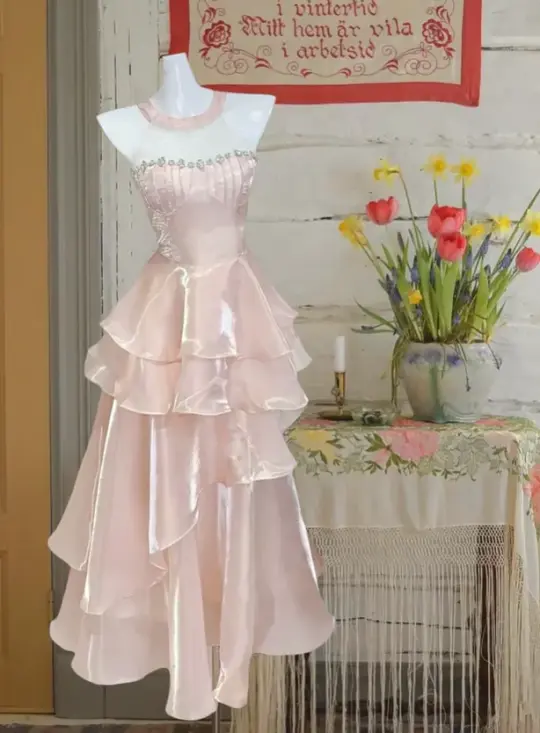 Pink tube top waist cake skirt sexy satin long dress prom dress R6230