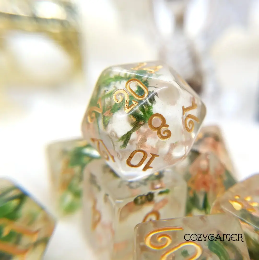 Moss and Copper Dice Set. 8 Piece real dried plants DND dice set