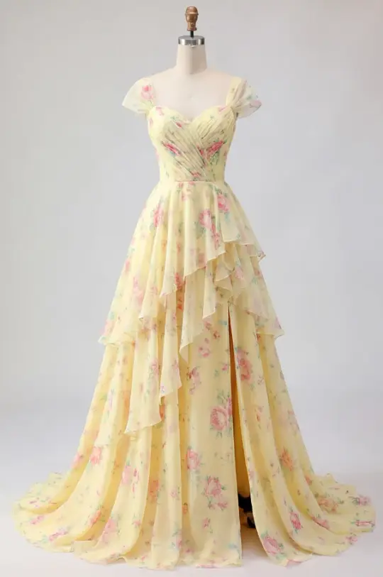 French Retro Pastel Yellow Floral A-Line Off-the-shoulder Corset Maxi Prom Dress Evening Dress RS624