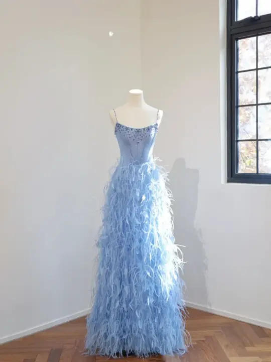 Blue halter-neck fitted waist long ball gown with feather skirt R8452