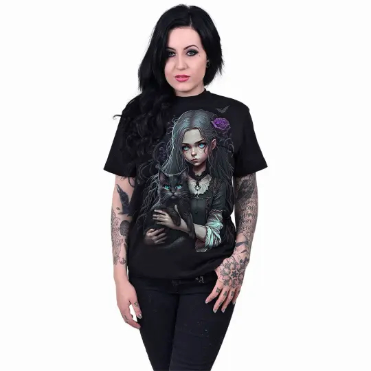 GOTH FAMILIAR Front Print T-Shirt Black - Gothic Cat Familiar T-Shirt