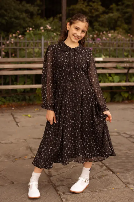Mini Sophia Long Sleeve Dress in Noir Ditsy Chiffon