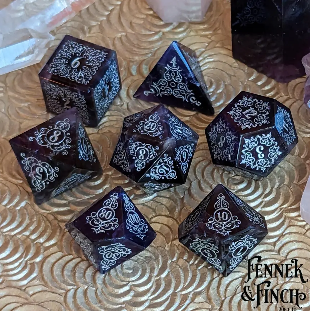 Garden Gate Amethyst Gemstone Dice Set – 7-Piece DnD Dice | Fennek & Finch