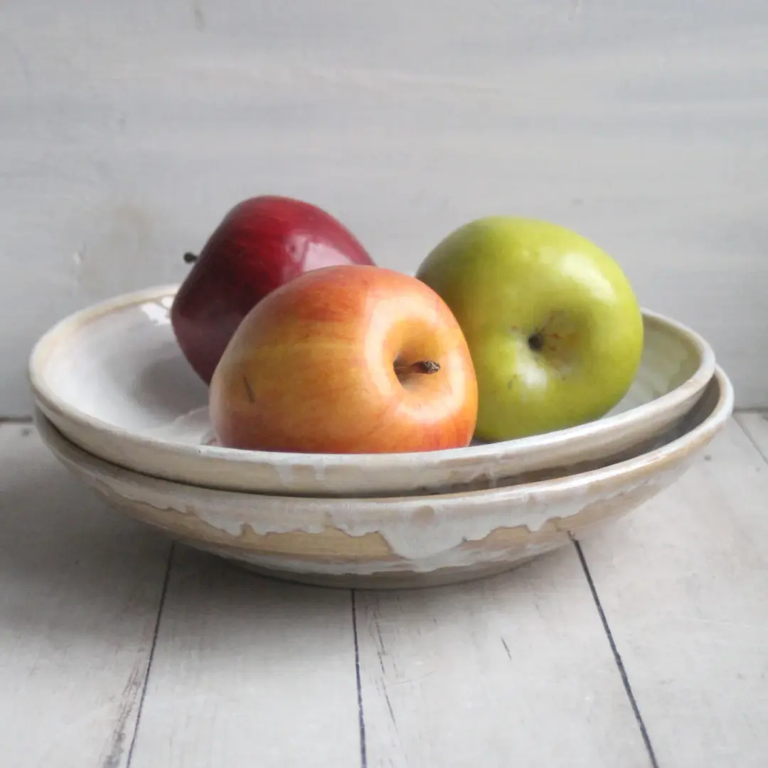 Pair of Pasta Bowls in White and Ocher Glaze, Handmade Pottery Bowls, Made in USA
