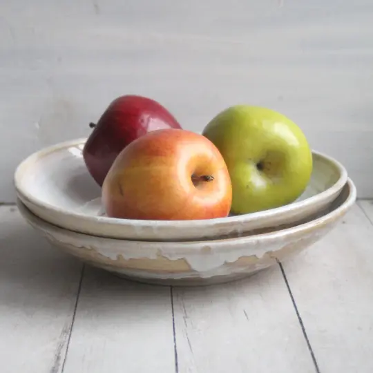 Pair of Pasta Bowls in White and Ocher Glaze, Handmade Pottery Bowls, Made in USA