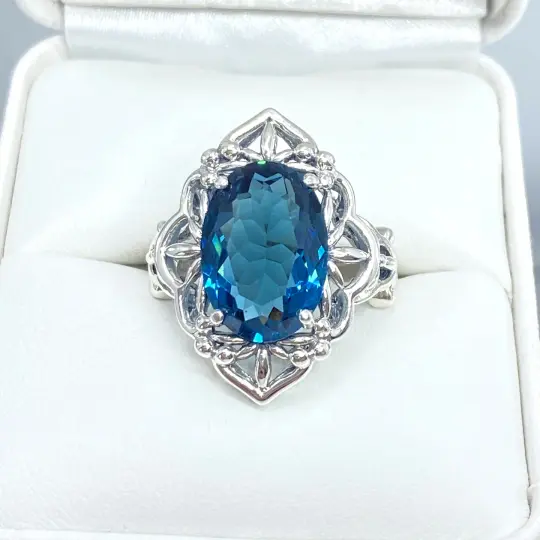 London Blue Topaz Ring, Size 7, Gothic Filigree Ring - Vintage Jewelry D98 - Ready to Ship