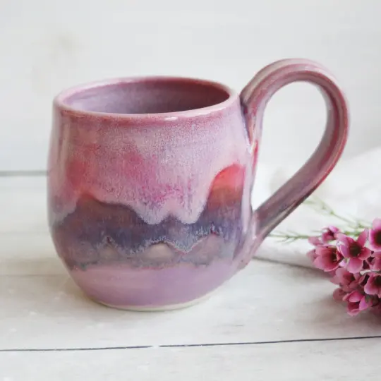 Pink and Purple Glazed Pottery Mug, 14 Ounce, Handcrafted Stoneware Cup, Made i...