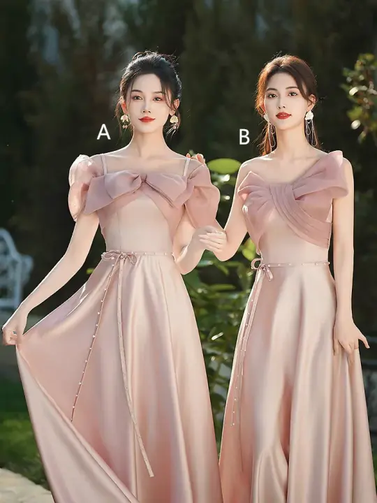 Pink purple satin waist slim fit prom dress, bridesmaid dress R5977