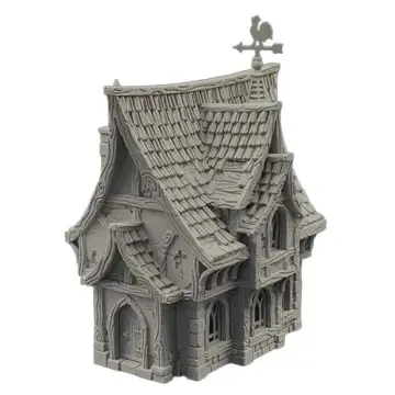 An unpainted, light grey 3D-printed tabletop miniature of a medieval fantasy cottage. The structure features a stone block foundation, half-timbered walls with exposed wood framing, and arched windows and doors. It has a steep, complex wood-shingled roof with overlapping gables and is topped with a distinctive rooster weather vane on the highest peak. Isolated on a white background.