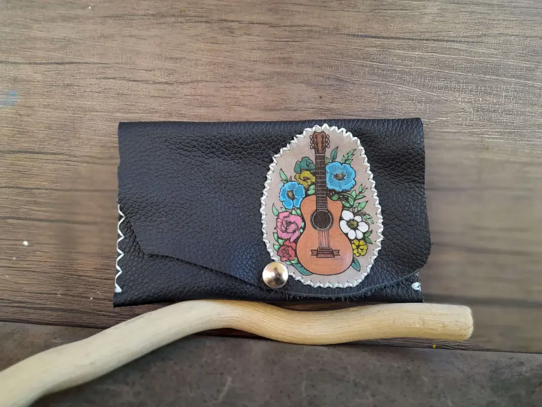 OOAK Guitar Art Pouch | Navy Blue Sheepskin & Hand-Painted Floral