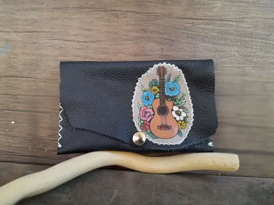 OOAK Guitar Art Pouch | Navy Blue Sheepskin & Hand-Painted Floral